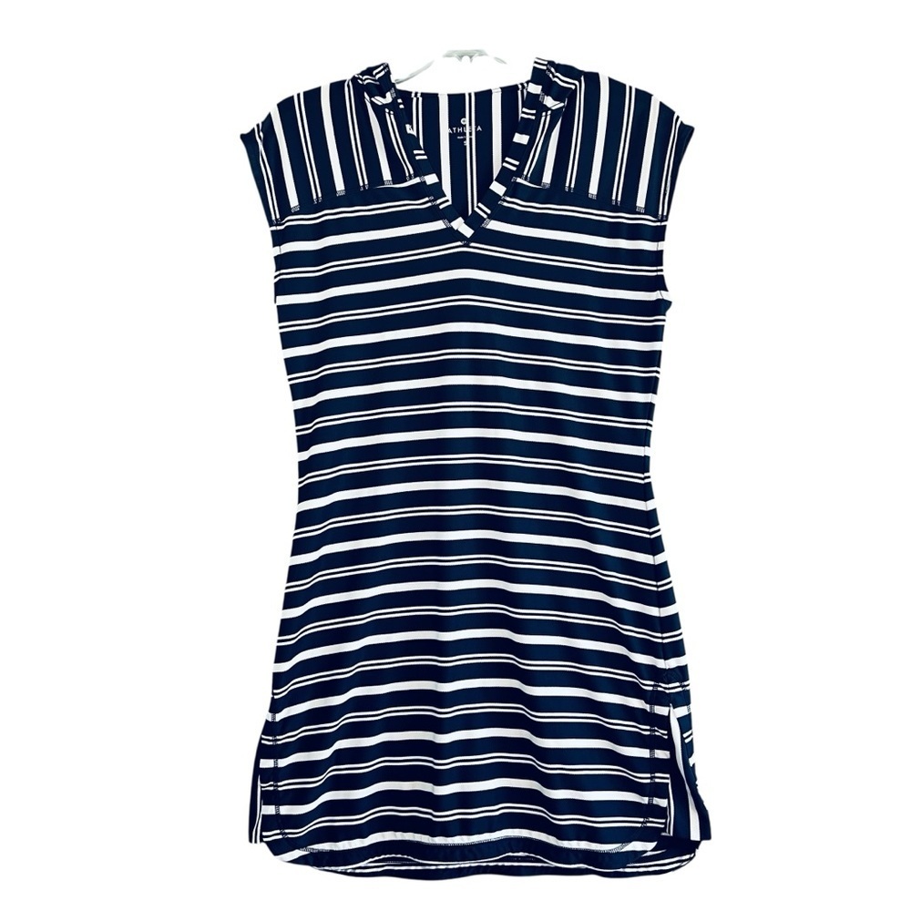 ATHLETA Hooded Wick It Cover Up Dress Navy and White Striped Size Small FLAW
